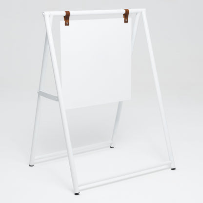 Unprinted white A-frame sidewalk sign, angled view of foldable frame