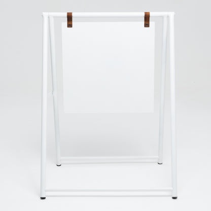 Unprinted white A-frame sidewalk sign, front view with leather panel straps