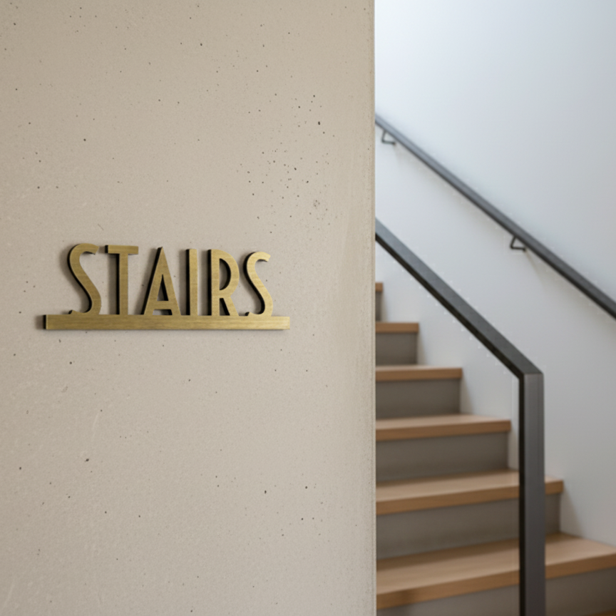 Wooden staircase with a gold 'STAIRS' sign on a textured wall.