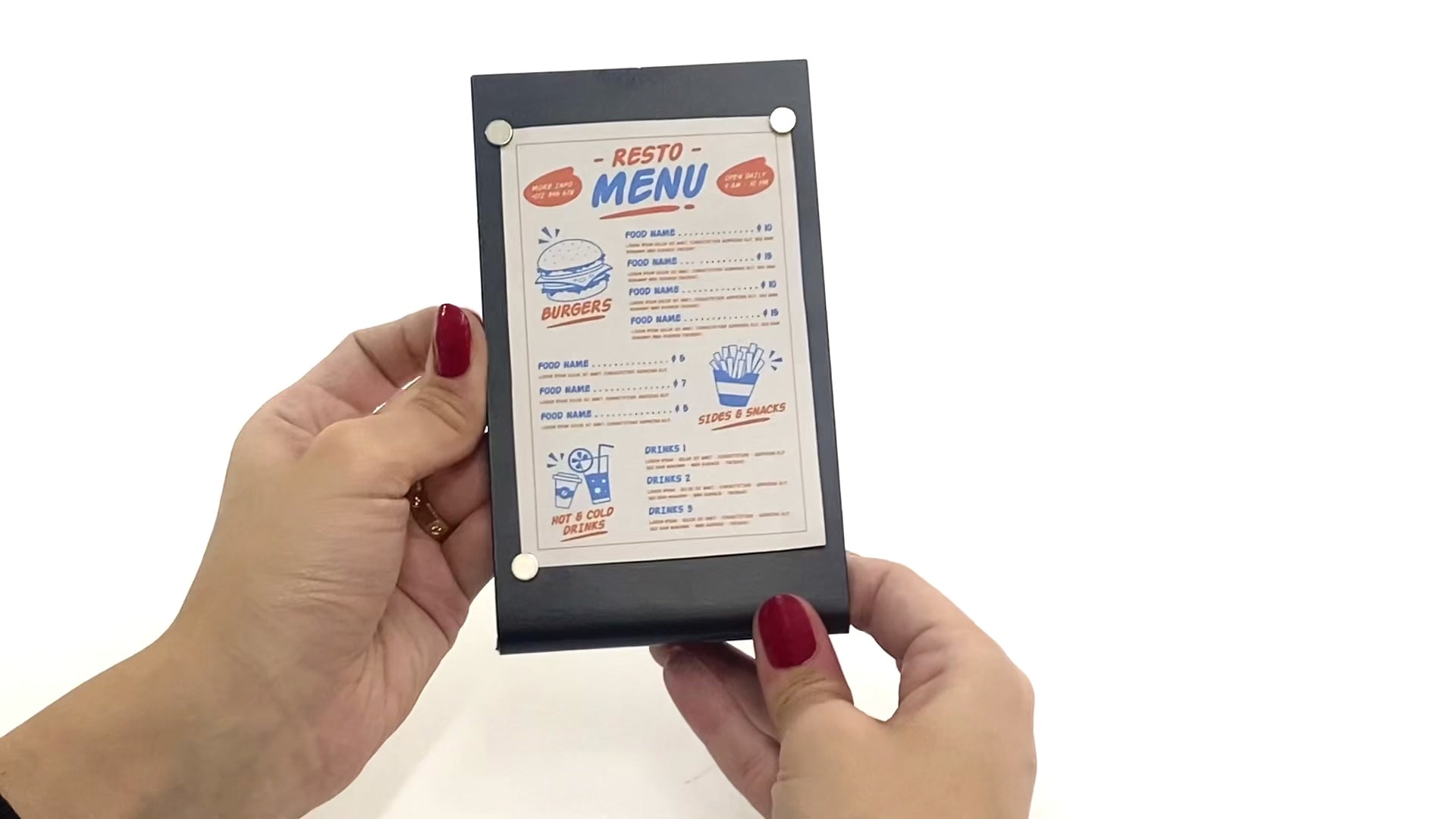 Make content visible from all angles with this clever design.

Adds a touch of sophistication while keeping menus accessible.

Combines durability with style for a lasting impression in your venue.






