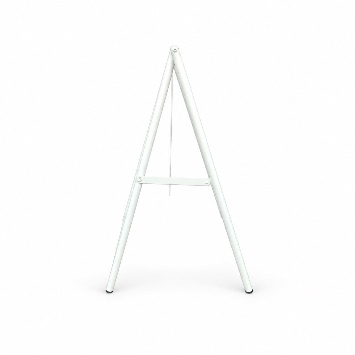 Side view of the unprinted white A-frame sign showing its folding support