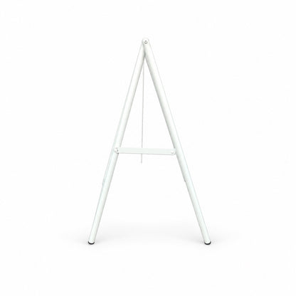 Side view of the unprinted white A-frame sign showing its folding support